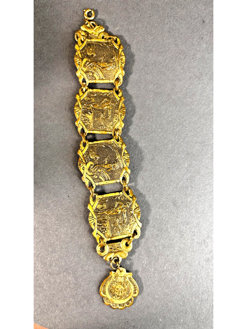 Vintage Arabian Nights Figural Panel Bracelet Gold Tone Orientalist Revival